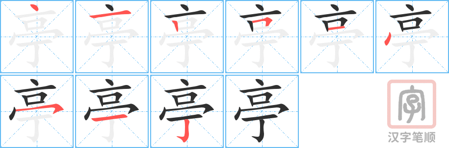 亭的笔顺分步演示（一笔一画写字）