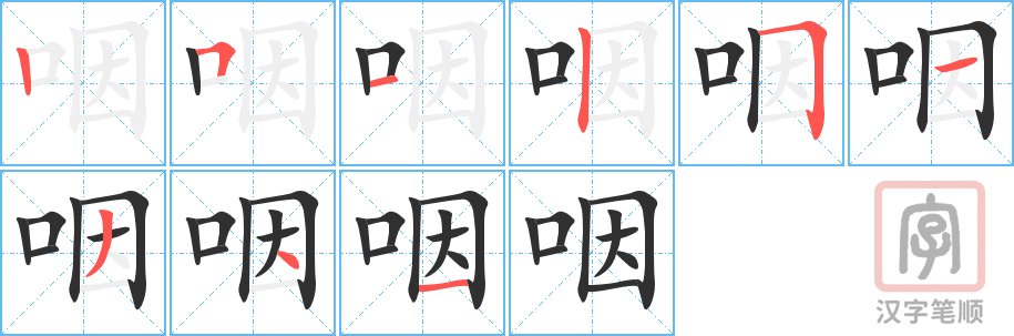 咽的笔顺分步演示（一笔一画写字）