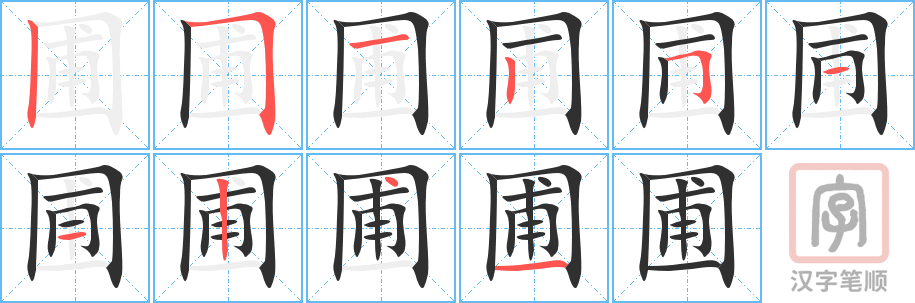 圃的笔顺分步演示（一笔一画写字）