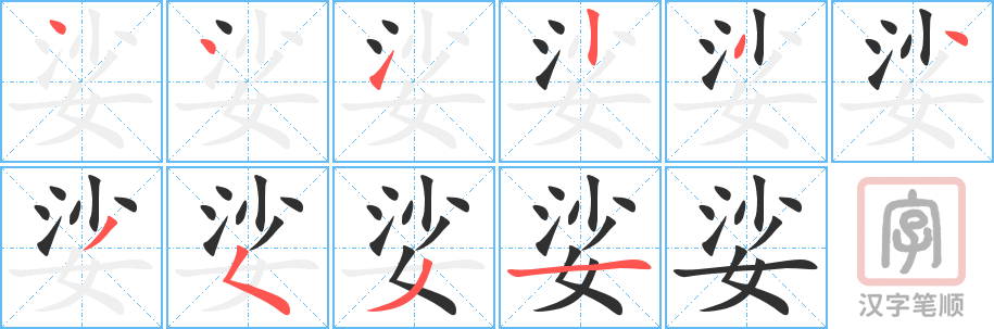 娑的笔顺分步演示（一笔一画写字）