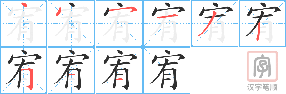 宥的笔顺分步演示（一笔一画写字）