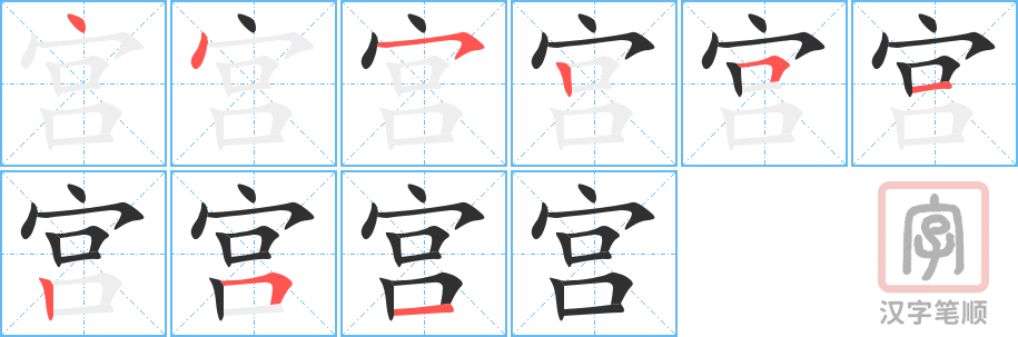 宫的笔顺分步演示（一笔一画写字）