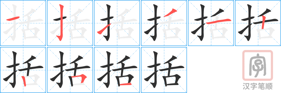 括的笔顺分步演示（一笔一画写字）