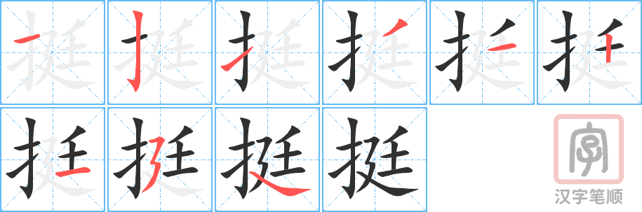 挺的笔顺分步演示（一笔一画写字）
