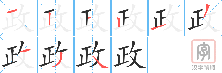 政的笔顺分步演示（一笔一画写字）