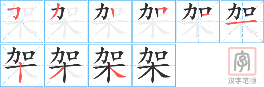架的笔顺分步演示（一笔一画写字）
