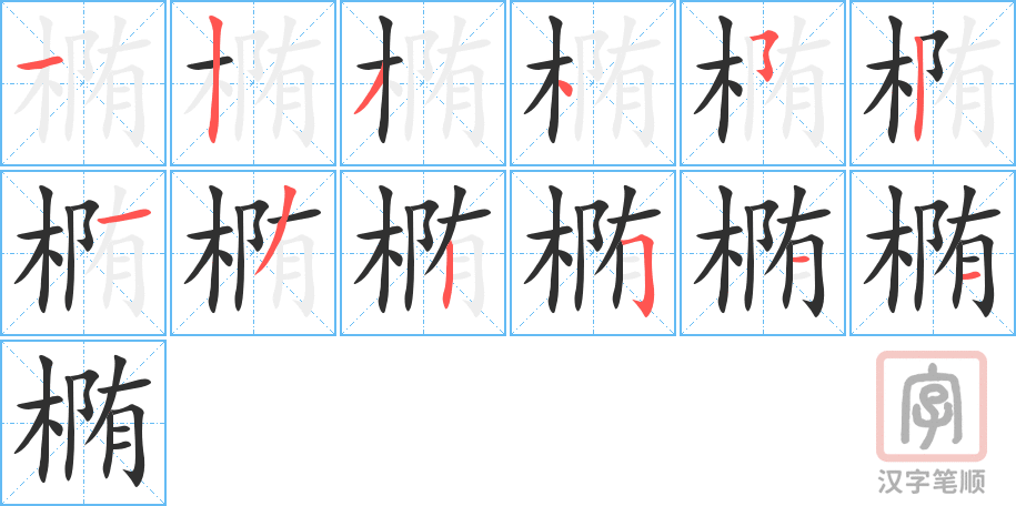 椭的笔顺分步演示（一笔一画写字）