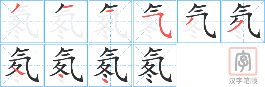 氡的笔顺分步演示（一笔一画写字）