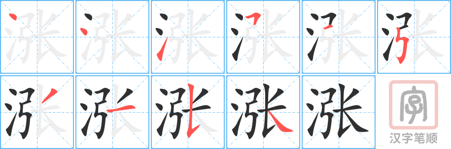 涨的笔顺分步演示（一笔一画写字）