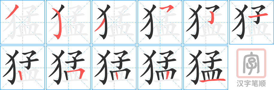 猛的笔顺分步演示（一笔一画写字）