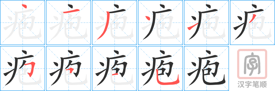 疱的笔顺分步演示（一笔一画写字）