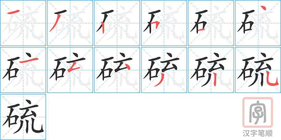 硫的笔顺分步演示（一笔一画写字）