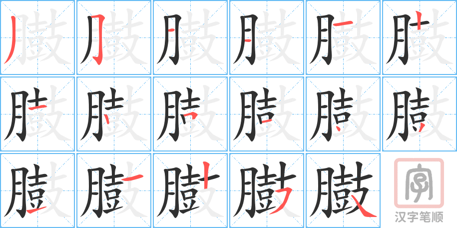 臌的笔顺分步演示（一笔一画写字）