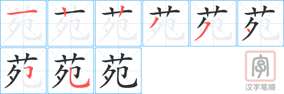 苑的笔顺分步演示（一笔一画写字）