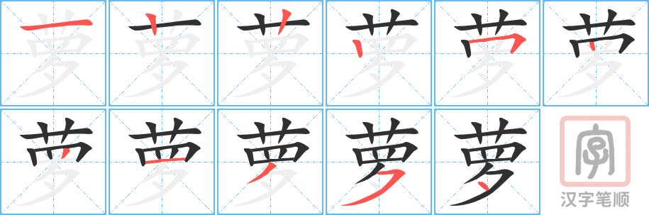 萝的笔顺分步演示（一笔一画写字）
