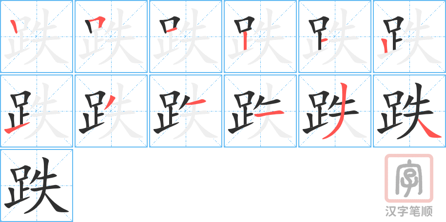 跌的笔顺分步演示（一笔一画写字）
