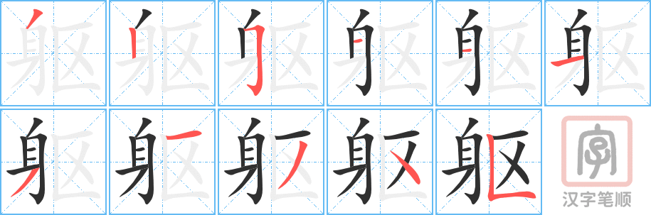 躯的笔顺分步演示（一笔一画写字）