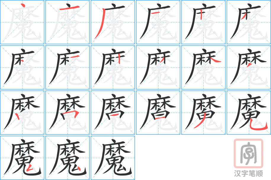 魔的笔顺分步演示（一笔一画写字）
